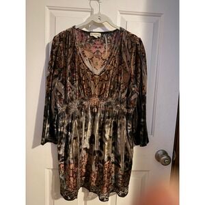 Live and Let Live Velvet Tunic Top Womens Large Paisley Animal Print Sequin Lace